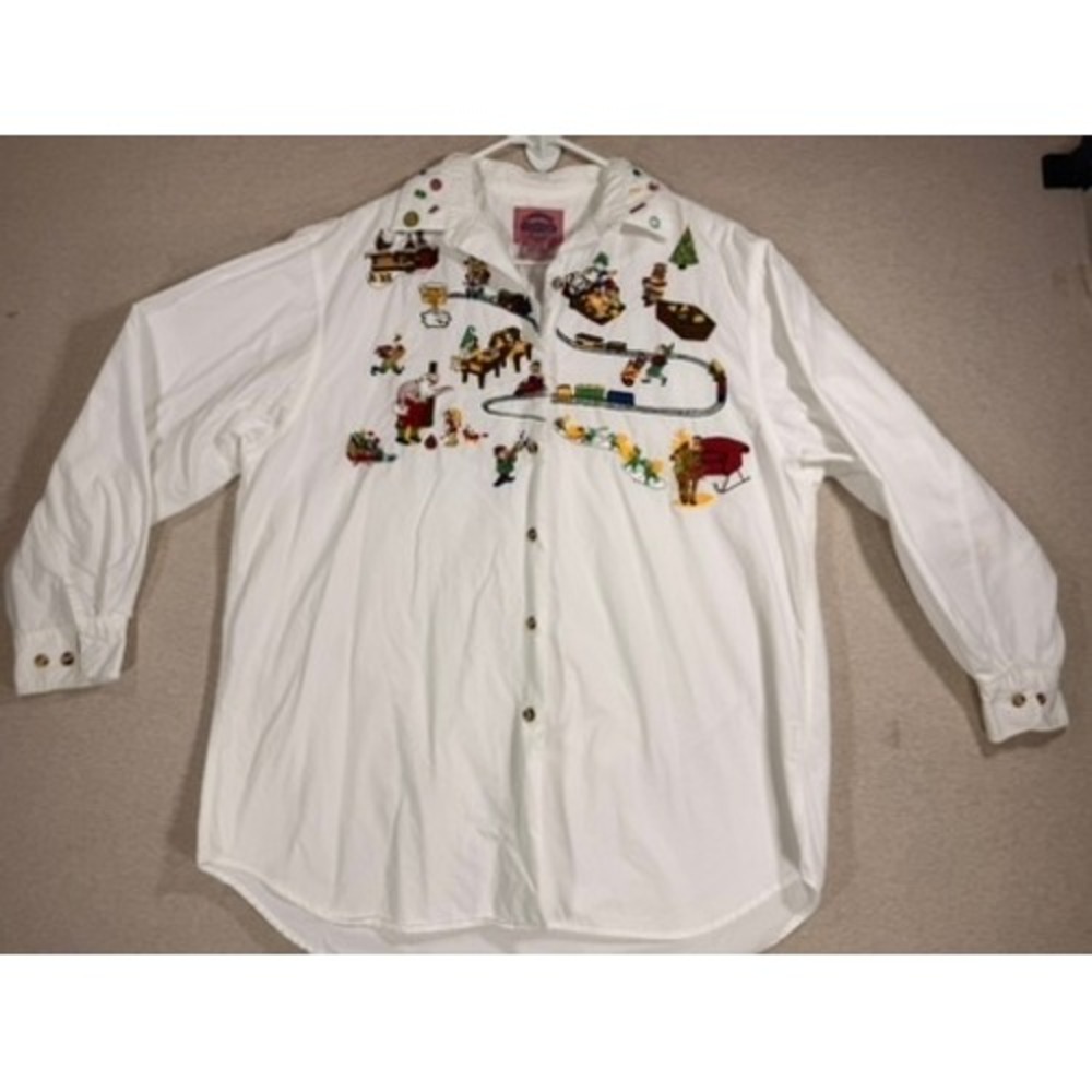 Cambridge Country Store Christmas Button Down Womens Large‎ White Embroidered
